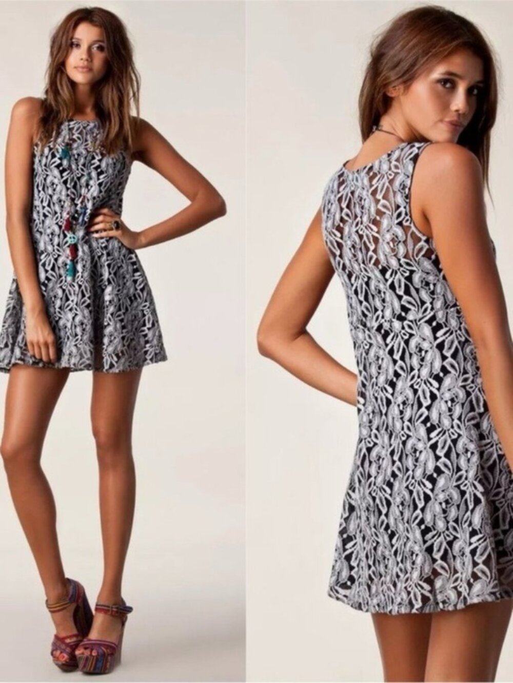 Free People Miles of Lace Women's Extra Small Black Floral Lace Flare Mini Dress